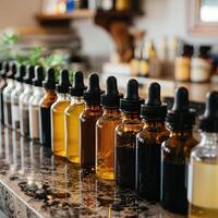 Culinary extracts lined up on a kitchen counter. photo