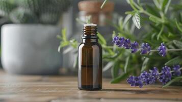 Essential oil bottle with a lavender plant in the background. photo
