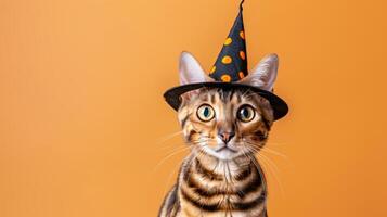 happy cheerful Bengal cat wearing witch pointed hat set against orange background photo