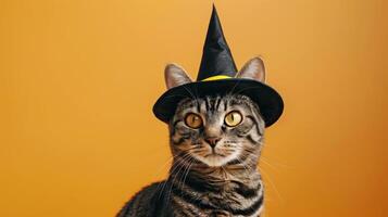 happy cheerful American pitbull dog wearing pointed witch hat set against orange background photo