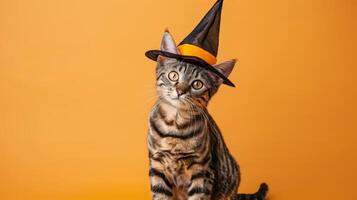 happy cheerful Bengal cat wearing witch pointed hat set against orange background photo