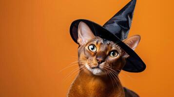 happy cheerful Abyssinian cat wearing pointed witch hat set against orange background photo