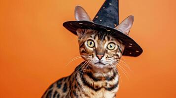 happy cheerful Bengal cat wearing witch pointed hat set against orange background photo