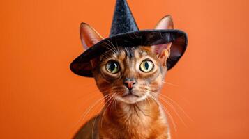happy cheerful Abyssinian cat wearing pointed witch hat set against orange background photo