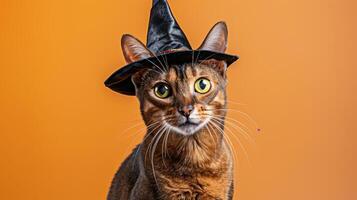 happy cheerful Abyssinian cat wearing pointed witch hat set against orange background photo