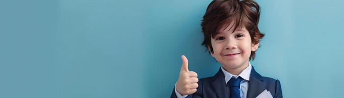 Portrait photography of a cute little professional, smiling cute little Nurse Practitioner with a stethoscope, showing thumb-up, on Pale Blue color background, editorial style photo