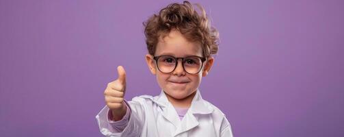 Portrait photography of a cute little professional, smiling cute little Nurse Practitioner with a stethoscope, showing thumb-up, on Pale Blue color background, editorial style photo