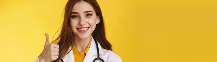 Portrait photography of a cute little professional, smiling cute little Nurse Practitioner with a stethoscope, showing thumb-up, on Pale Blue color background, editorial style photo