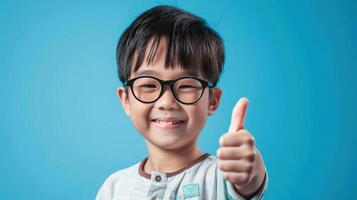 Portrait photography of a cute little professional, smiling cute little Nurse Practitioner with a stethoscope, showing thumb-up, on Pale Blue color background, editorial style photo