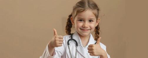 Portrait photography of a cute little professional, smiling cute little Nurse Practitioner with a stethoscope, showing thumb-up, on Pale Blue color background, editorial style photo