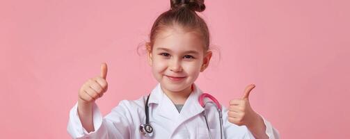 Portrait photography of a cute little professional, smiling cute little Nurse Practitioner with a stethoscope, showing thumb-up, on Pale Blue color background, editorial style photo