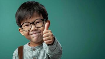 Portrait photography of a cute little professional, smiling cute little Nurse Practitioner with a stethoscope, showing thumb-up, on Pale Blue color background, editorial style photo