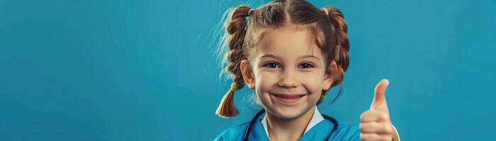 Portrait photography of a cute little professional, smiling cute little Nurse Practitioner with a stethoscope, showing thumb-up, on Pale Blue color background, editorial style photo
