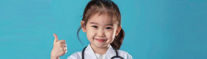 Portrait photography of a cute little professional, smiling cute little Nurse Practitioner with a stethoscope, showing thumb-up, on Pale Blue color background, editorial style photo