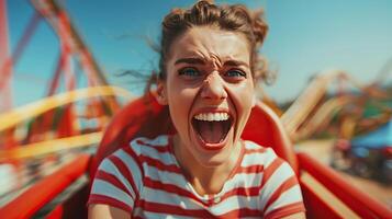 Teenager exhilaration as they ride a roller coaster photo