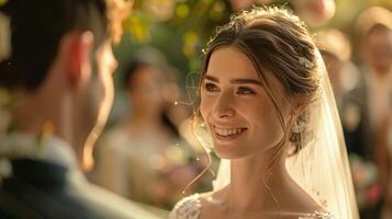 A bride seeing her groom for the first time on their wedding day, her face filled with emotion and happiness photo