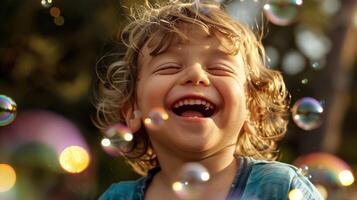 Child laughing with pure joy while blowing bubbles photo