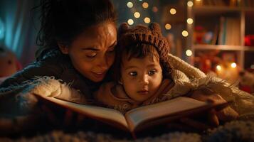 A mother reading a book to her child at bedtime, both nestled under a cozy blanket. The child's eyes are wide with wonder photo
