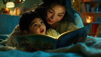 A mother reading a book to her child at bedtime, both nestled under a cozy blanket. The child's eyes are wide with wonder photo