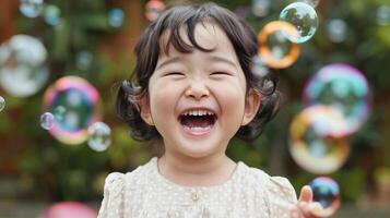 A child laughing while chasing bubbles in a park, capturing the joy of spontaneous play, Candid Moments, editorial photography, empty copy space on the right photo