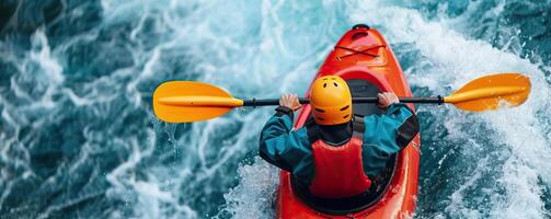 Extreme kayaker navigating whitewater rapids, intense action and focus, Extreme Sports in Action, editorial shot, empty copy space for text on side photo