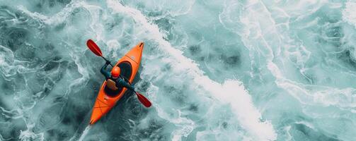 Extreme kayaker navigating whitewater rapids, intense action and focus, Extreme Sports in Action, editorial shot, empty copy space for text on side photo