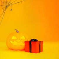 Halloween background concept with Jack o lantern, orange gift box and spider web on orange background and copy space. 3d render. photo