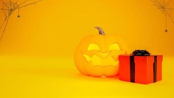 Halloween background concept with Jack o lantern, orange gift box and spider web on orange background and copy space. 3d render. photo