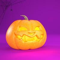 Halloween background with Jack o lantern abd spider web. Halloween pumpkin smiles on purple background with copy space. 3d rendering. photo