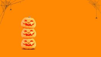 Halloween pumpkins on orange background with spider web and copy space. Funny Jack o lanterns on Halloween background. 3d rendering. photo