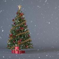 Christmas tree decorated with present boxes and ornaments on a gray square backdrop with snow and copy space. Snowy Christmas background concept with gifts for social media post design 3d rendering. photo