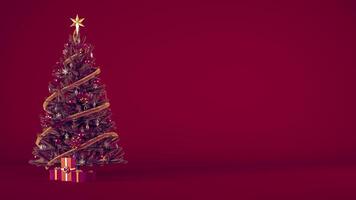 Christmas tree with ornaments, gift boxes and copy space on burgundy background. Christmas background concept with ornaments and presents for social media post design 3d rendering illustration. photo