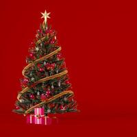 Christmas tree decorated with red and gold ornaments and presents on dark red square background. Christmas background concept for social media post design 3d render illustration. photo
