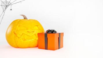 Halloween background concept with Halloween pumpkin, orange gift box and spider web on white background and copy space. 3d render. photo