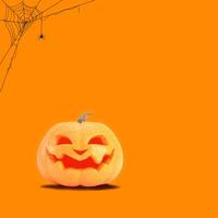 Halloween pumpkin smiles on orange background with spider web and copy space. Funny Jack o lantern Halloween background. 3d rendering. photo