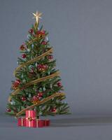 Christmas tree decorated with red and gold ornaments and red gift boxes on dark grey vertical background with copy space. Christmas background concept for banner design 3d render illustration. photo