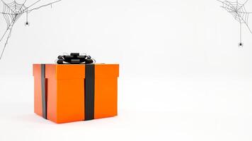 Halloween orange gift box with spider web on white background and copy space. 3d render. photo