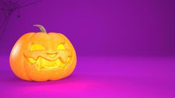 Halloween background with Jack o lantern abd spider web. Halloween pumpkin smiles on purple background with copy space. 3d rendering. photo