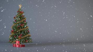 Christmas tree decorated with present boxes and ornaments on a gray backdrop with snow and copy space. Snowy Christmas background concept with gifts for header or banner design 3d render illustration. photo