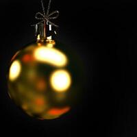 Christmas gold ball close up isolated on black background with copy space, Merry Christmas or New Year's Eve concept background. 3d render. photo