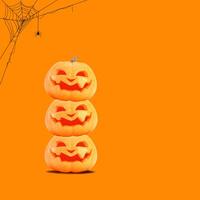 Halloween background with pumpkins, spider web and copy space. Funny Jack o lanterns on Halloween background. 3d rendering. photo