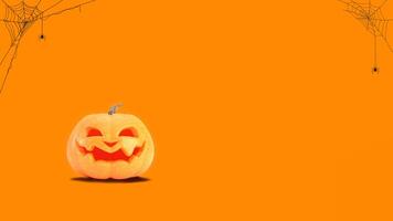 Halloween pumpkin smiles on orange background with spider web and copy space. Funny Jack o lantern Halloween background. 3d rendering. photo