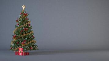 Christmas tree on dark grey background decorated with red and gold ornaments, presents and copy space. Christmas background concept for header or banner design 3d render illustration. photo