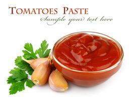 Tomatoes paste on white backgrounds photo