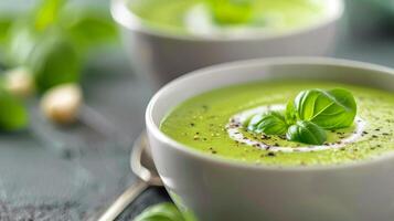 Fresh Green Basil Soup With Cream and Herbs in a Cozy Kitchen Setting photo