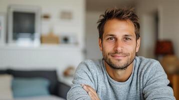 Smiling Man in Gray Sweater Sitting Comfortably in Cozy Indoor Space photo