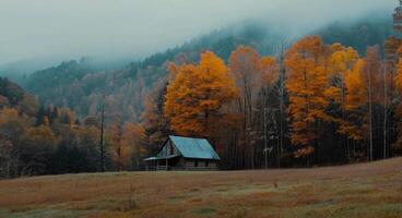 Foggy Autumn Morning Near a Wooden Cabin in the Mountains photo