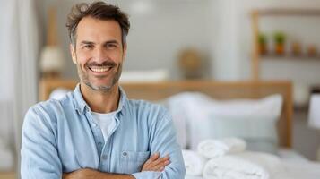 Smiling Man in Casual Attire Standing in a Bright Welcoming Room With Soft Textiles photo