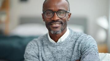 Smiling Man in Gray Sweater Sitting Comfortably in Cozy Indoor Space photo