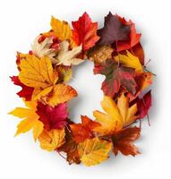 Autumn Wreath Made of Colorful Maple Leaves on a White Background photo